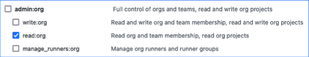 The admin scope selections for a GitHub personal access token.